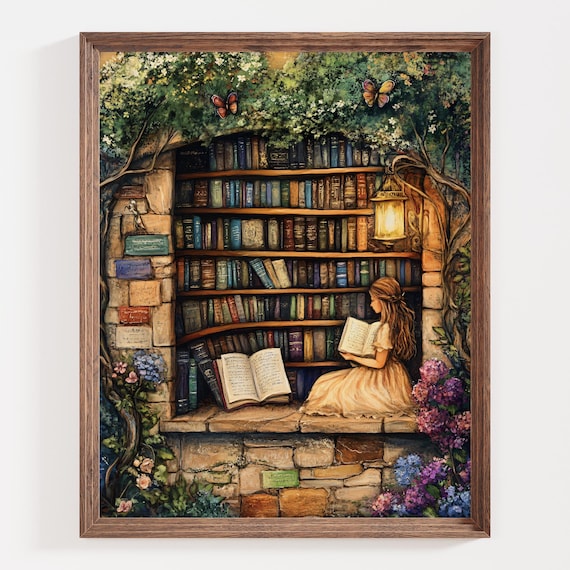 Little Girl Reading in a Hidden Stone Library Alcove Wall Art