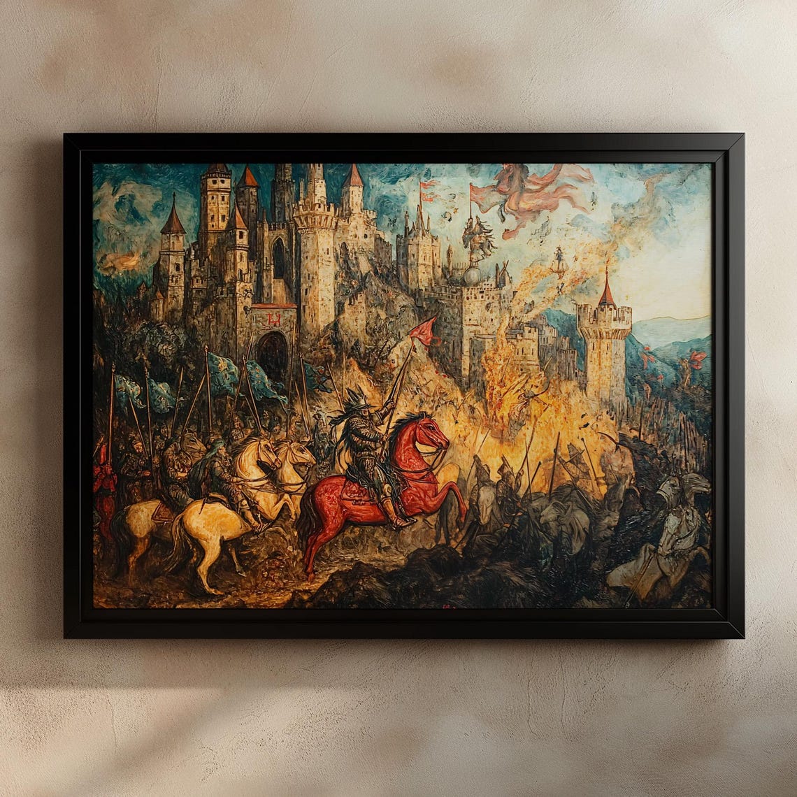 Epic Castle Siege Art Print Medieval Battle Wall Art Fantasy War Scene Painting Knightly Warfare Decor Historical Fortress Artwork
