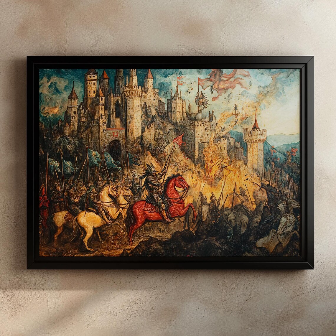Epic Medieval Castle Battle with Knight on Red Horse War Poster