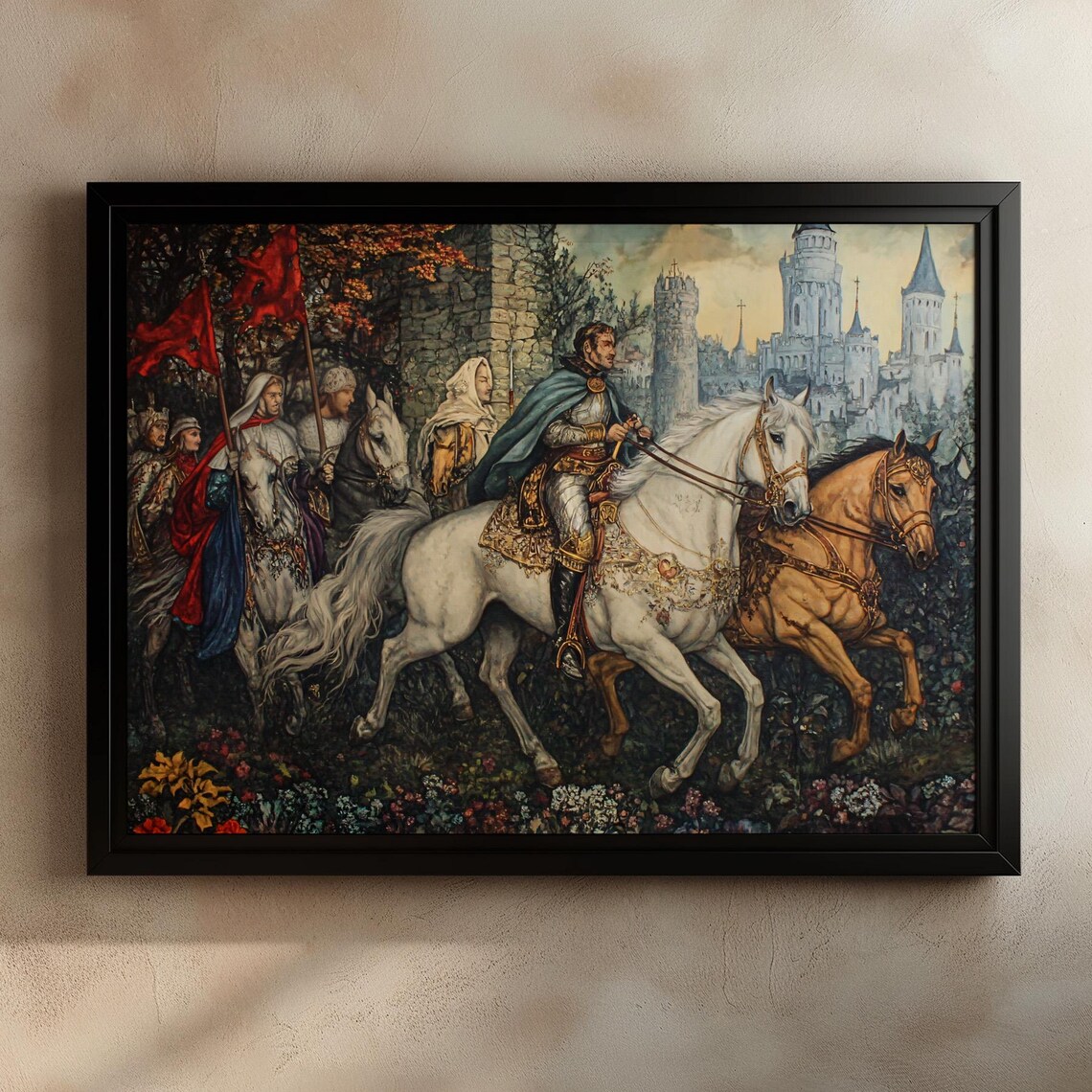 Medieval Knight Procession Vintage Art Print Scene - Image 2