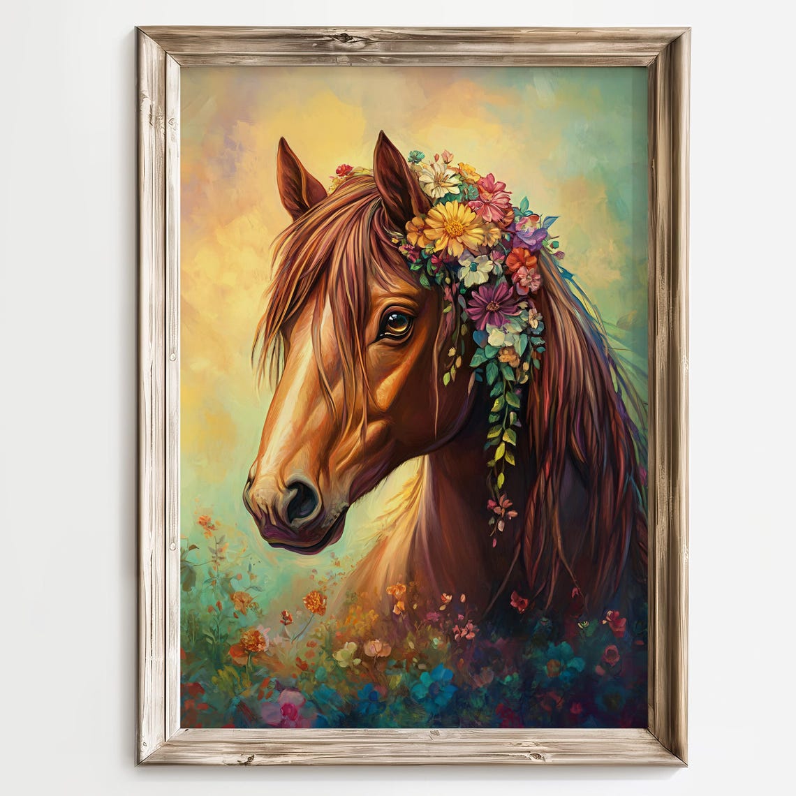 Chestnut Horse Wearing a Flower Crown Boho Equine Art Poster