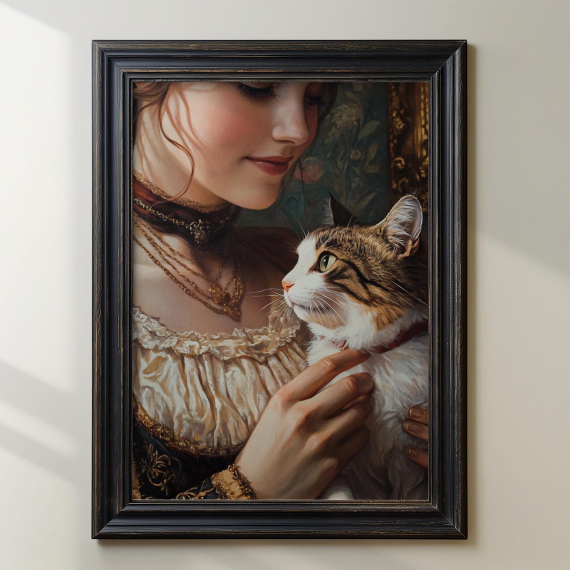 Victorian Woman in a Lace Dress Holding a Tabby Cat Art Poster - Image 3