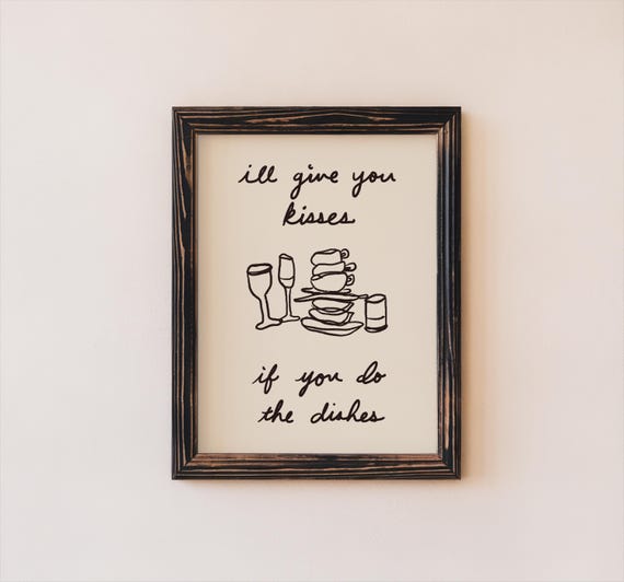 Funny Kitchen Print Handdrawn Kisses If You Do The Dishes Retro Diner Poster