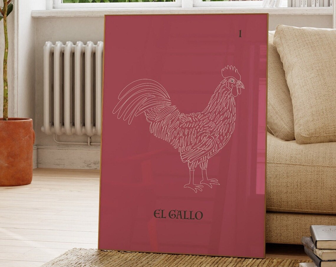 El Gallo Rooster Magenta Mexican Loteria Line Art Card Poster - Image 2