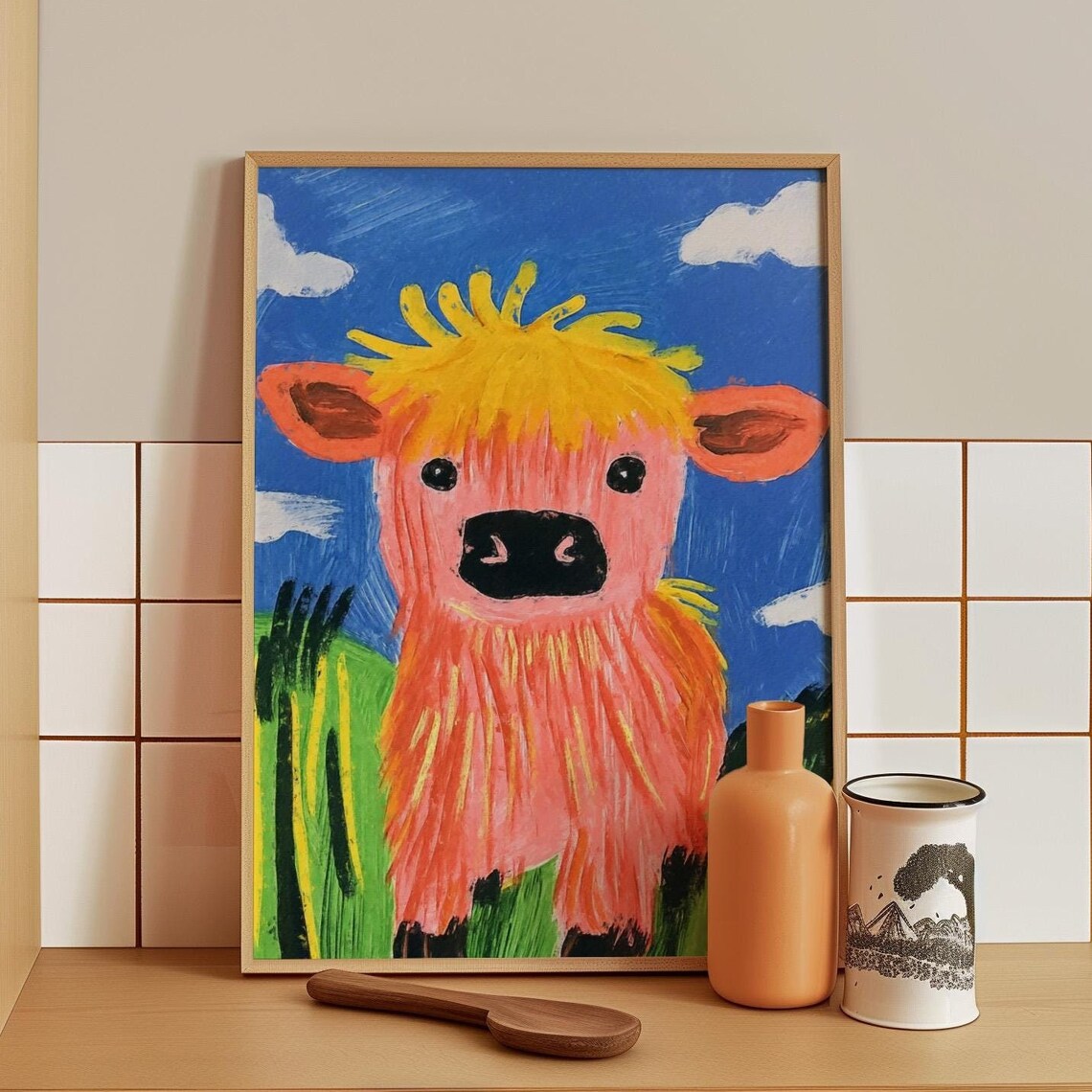 Fluffy Coral Highland Cow With a Yellow Forelock in a Field Poster