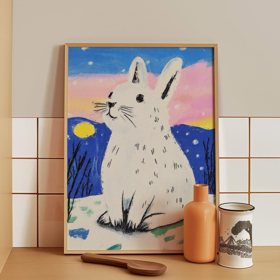 White Snow Rabbit Gazing Up At The Moon In A Winter Night Sky Poster