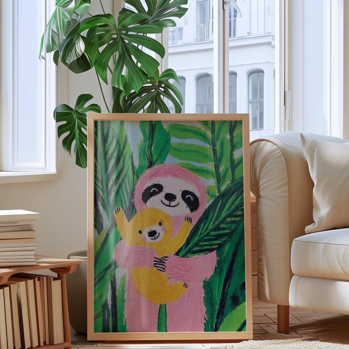 Pink Sloth Hugging Its Baby Among Lush Green Jungle Leaves Poster