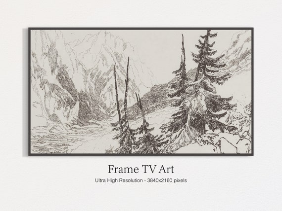 Rustic Mountain Pine Tree Landscape Sketch, Vintage