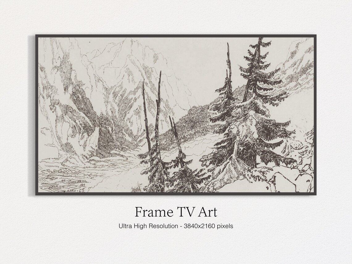 Rustic Mountain Pine Tree Landscape Sketch, Vintage