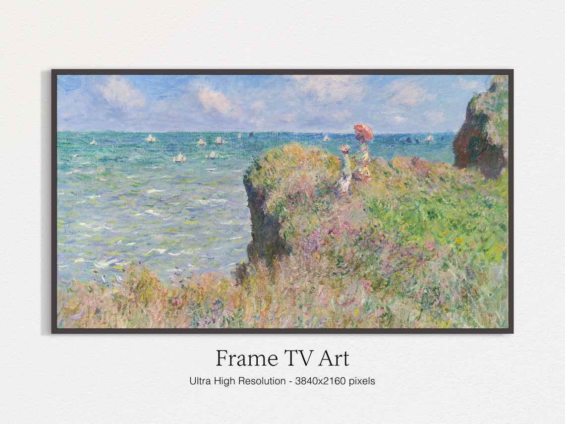 Seaside Cliff Walk Sailboats Woman With Red Parasol Art Print