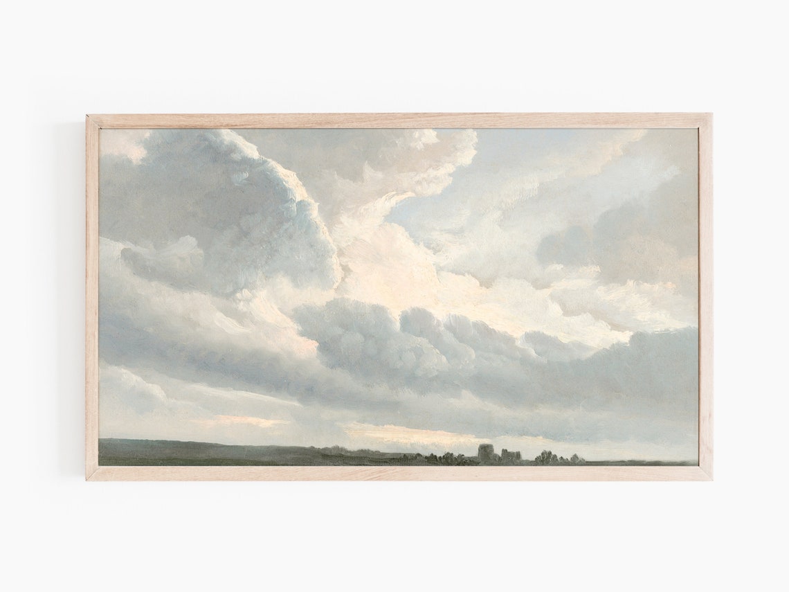 Dramatic Billowing Clouds Over Green Plains Vintage Sky Painting Print - Image 2