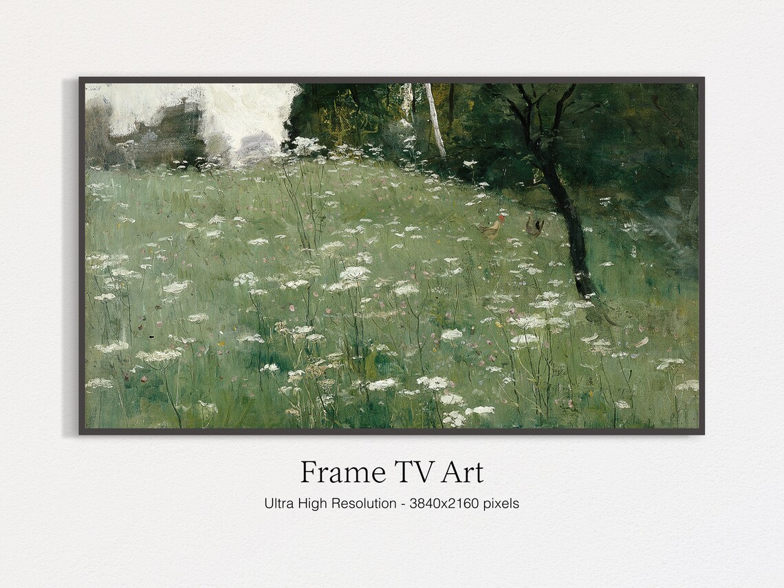 Green Meadow of White Wildflowers Vintage Country Landscape Art Print
