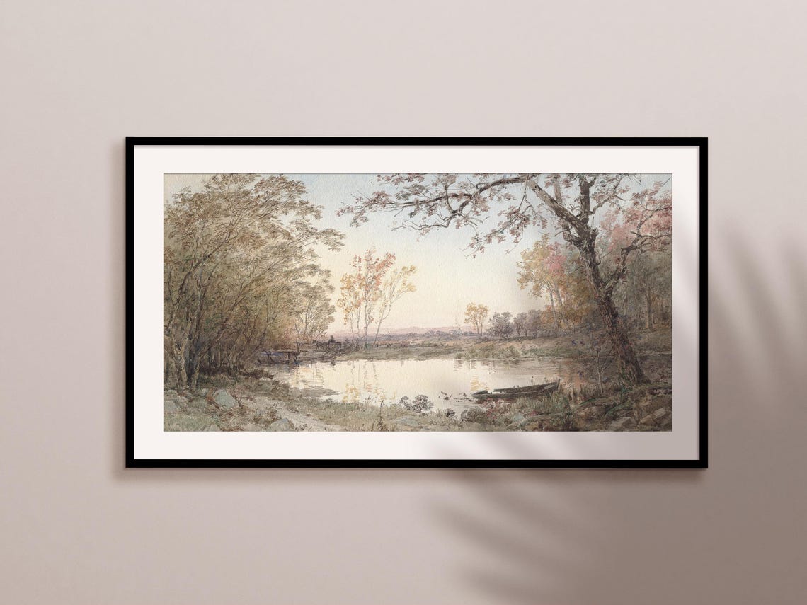 Autumn Pond Reflections Pink Amber Fall Trees Canoe Painting Poster - Image 2