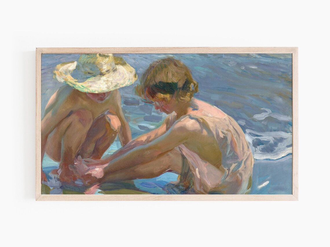 Children Playing In Shallow Sea Water Summer Beach Painting Art Print - Image 2