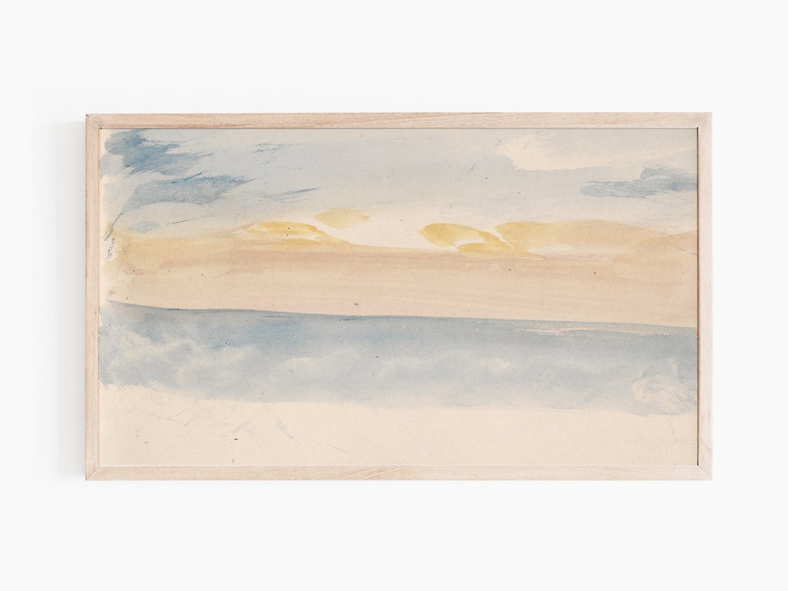 Minimalist Abstract Watercolor Horizon Soft Blue Clouds Wall Art Print - Image 2