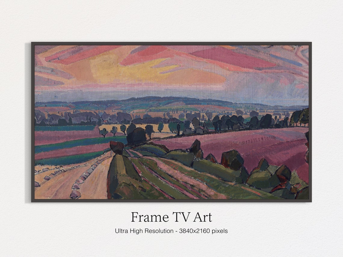 Expressionist Countryside Sunset Painting Pink Fields Landscape Art