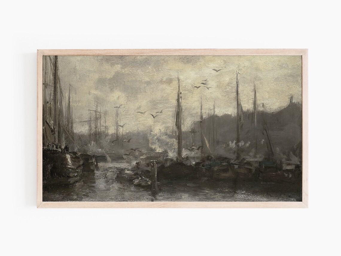 Frame Tv Moody Harbour Painting Dark Nautical Sailboats Frame For Tv - Image 2