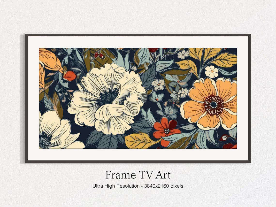 Bold Floral Pattern Orange Cream Flowers On Navy Background Art Print - Image 5