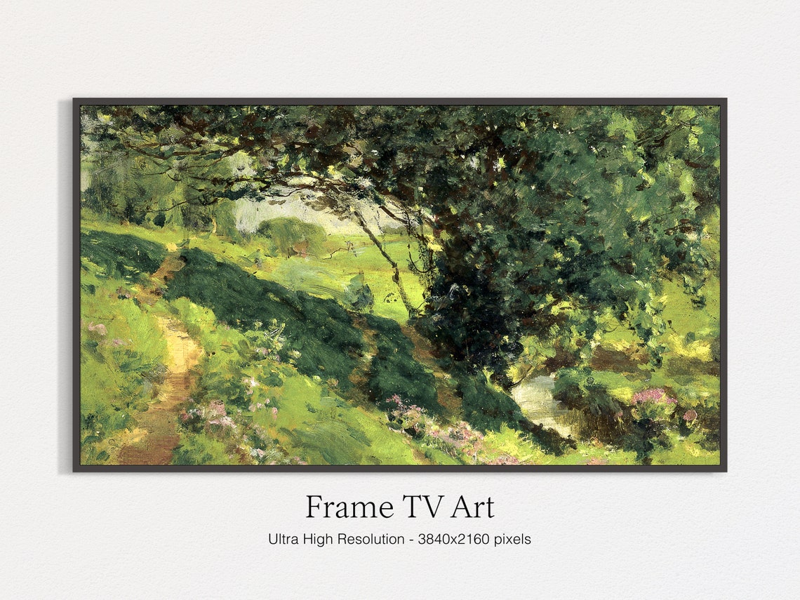 Summer Forest Path Painting Lush Green Woodland Stream Landscape Art