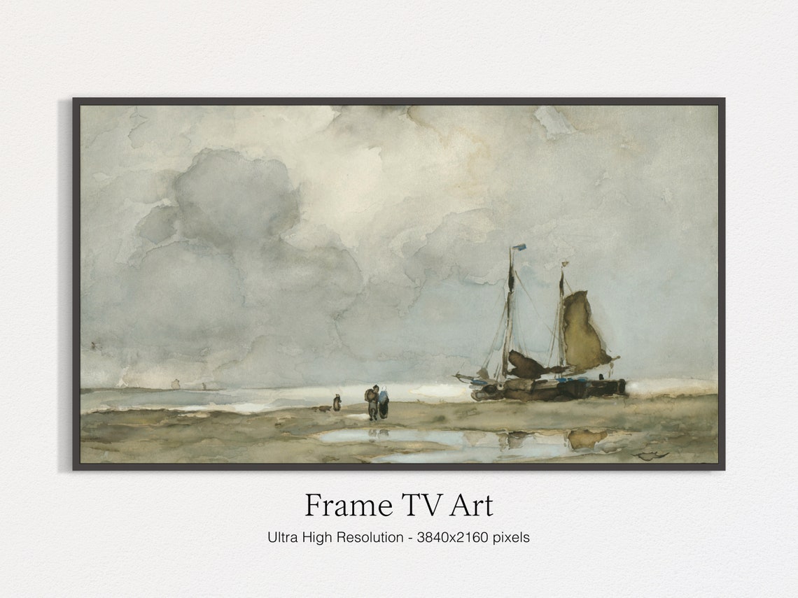 Vintage Beach Painting, Ship Art