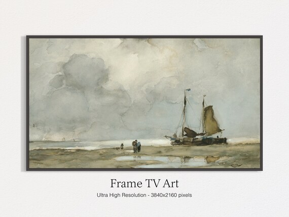Vintage Beach Painting, Ship Art