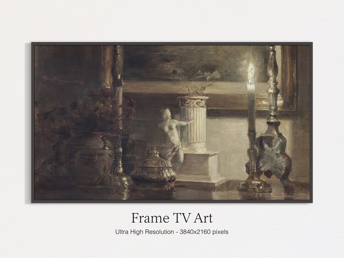 Dark Candlelit Still Life Painting Classical Statue Vintage Wall Art