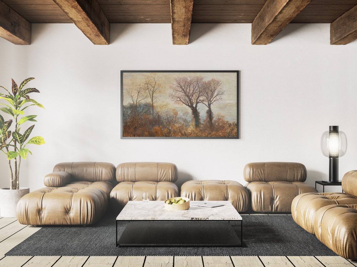 Bare Trees at Dusk Autumn Meadow Vintage Landscape Oil Painting Print - Image 3