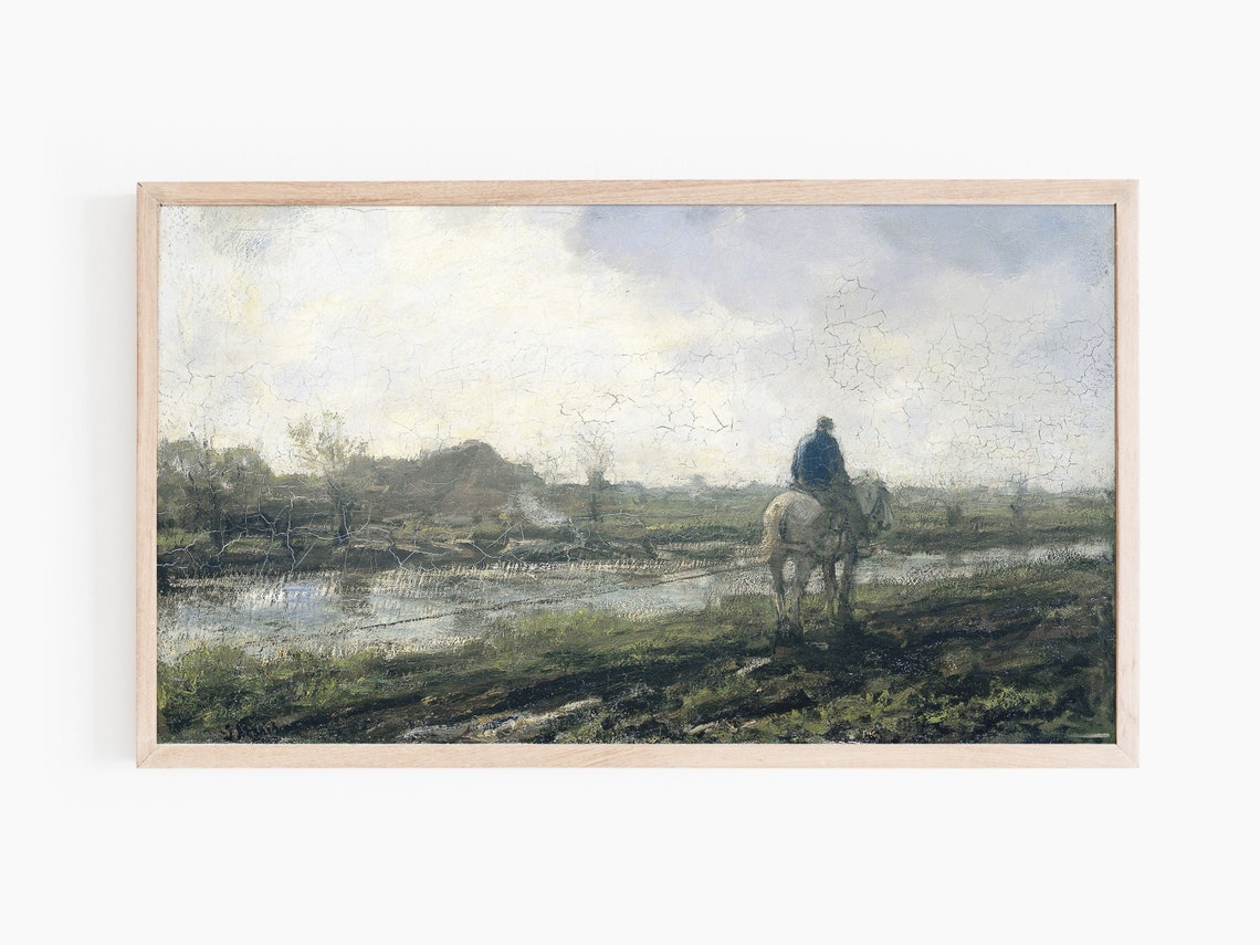 Farmer Riding Horse Across the Plain Vintage Muted Landscape Print - Image 2