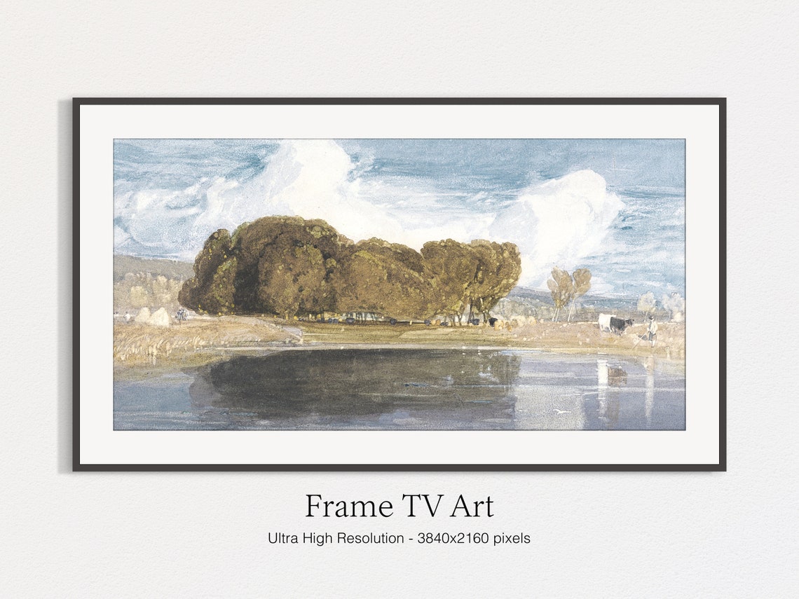 Summer Pond and Oak Trees in Blue Sky Vintage Countryside Art Print - Image 4