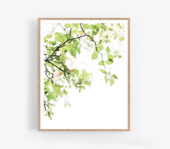 Green Leaves Blossom Branch Minimal Watercolor Spring Wall Poster