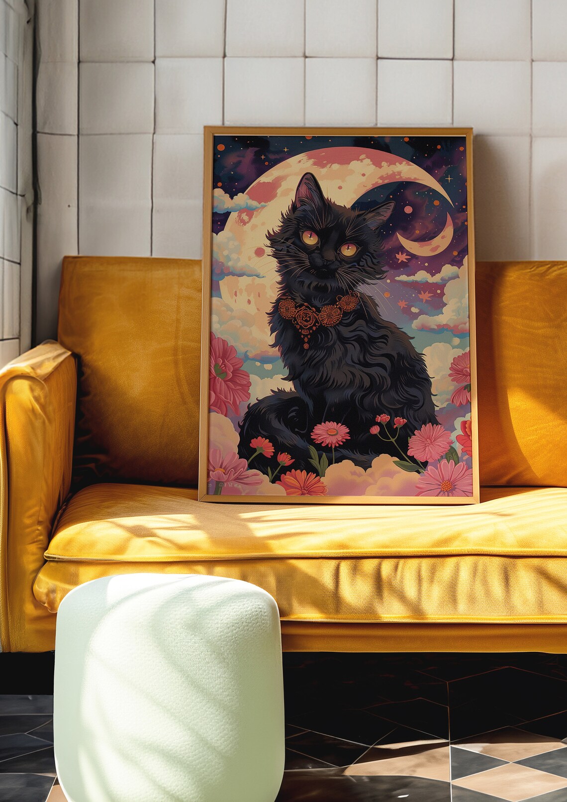 Mystical Black Cat Moonlit Sky Floral Fantasy Animal Wall Art - Image 4