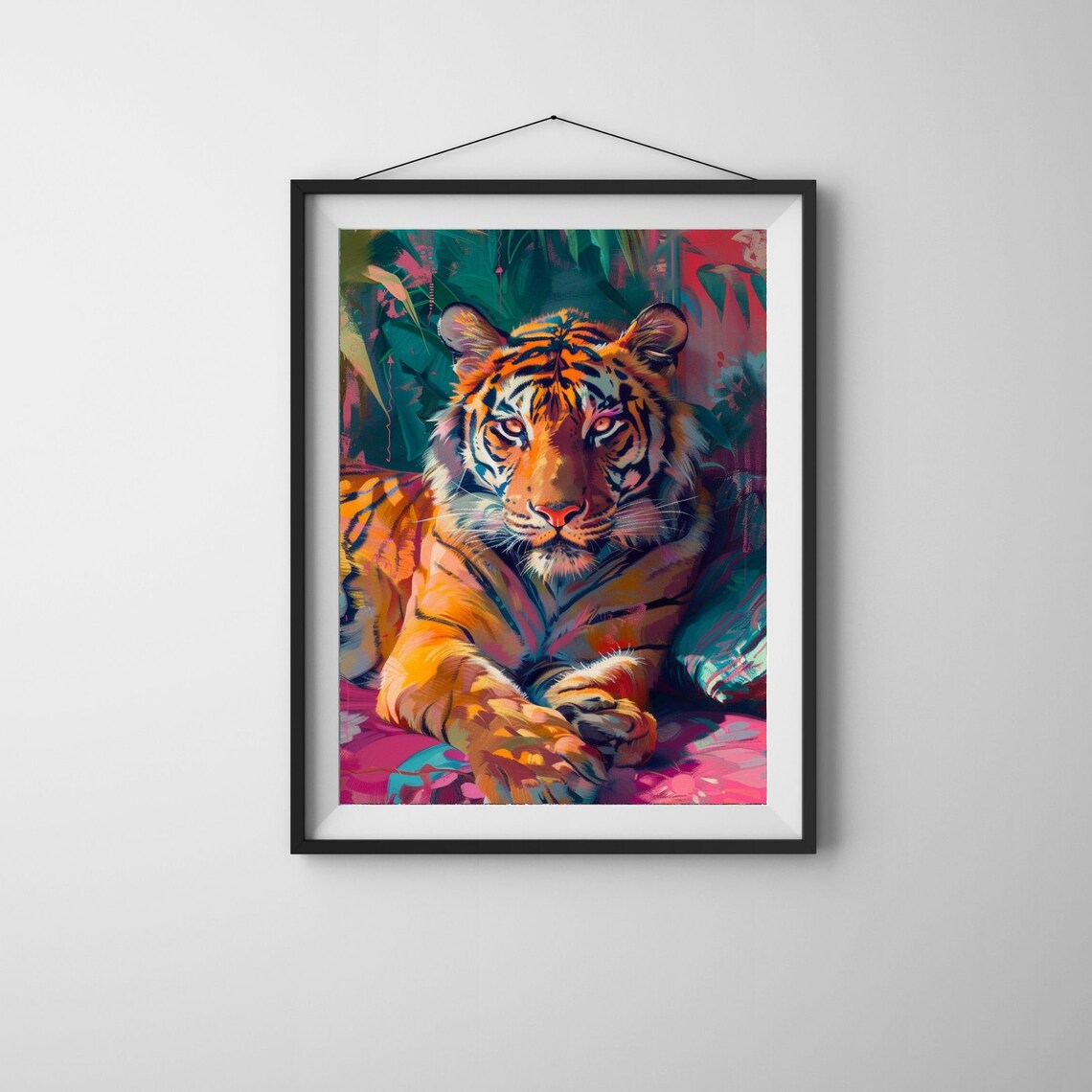 Majestic Resting Tiger Portrait in Bright Pink Teal Jungle Poster - Image 2