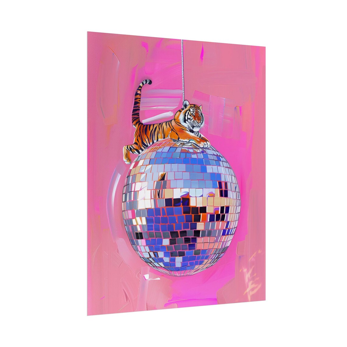 Tiger Lounging on Top of Giant Disco Ball Pink Maximalist Animal Poster - Image 2