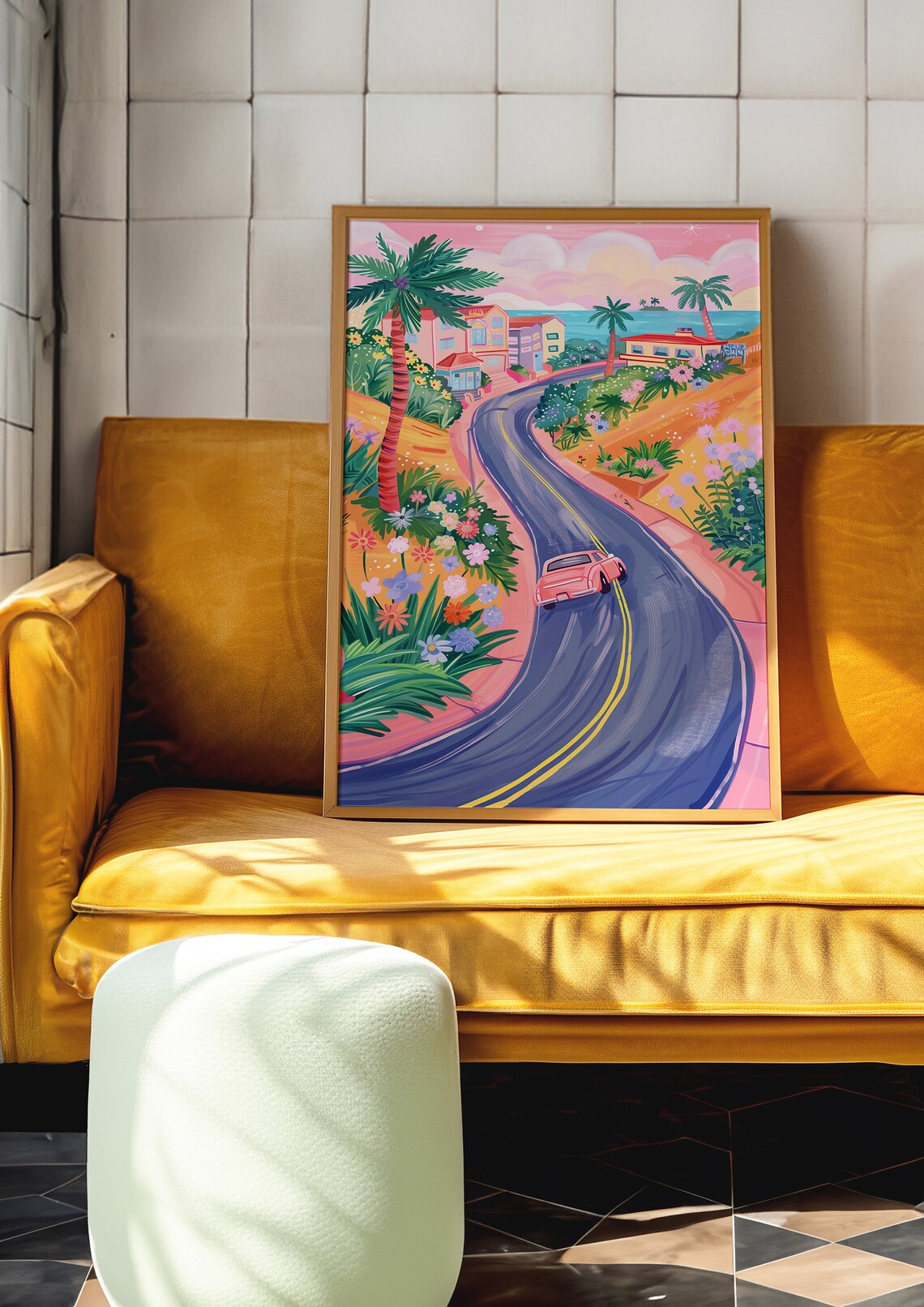 Coastal Road Drive Pink Vintage Car Palm Trees Seaside Travel Poster - Image 7