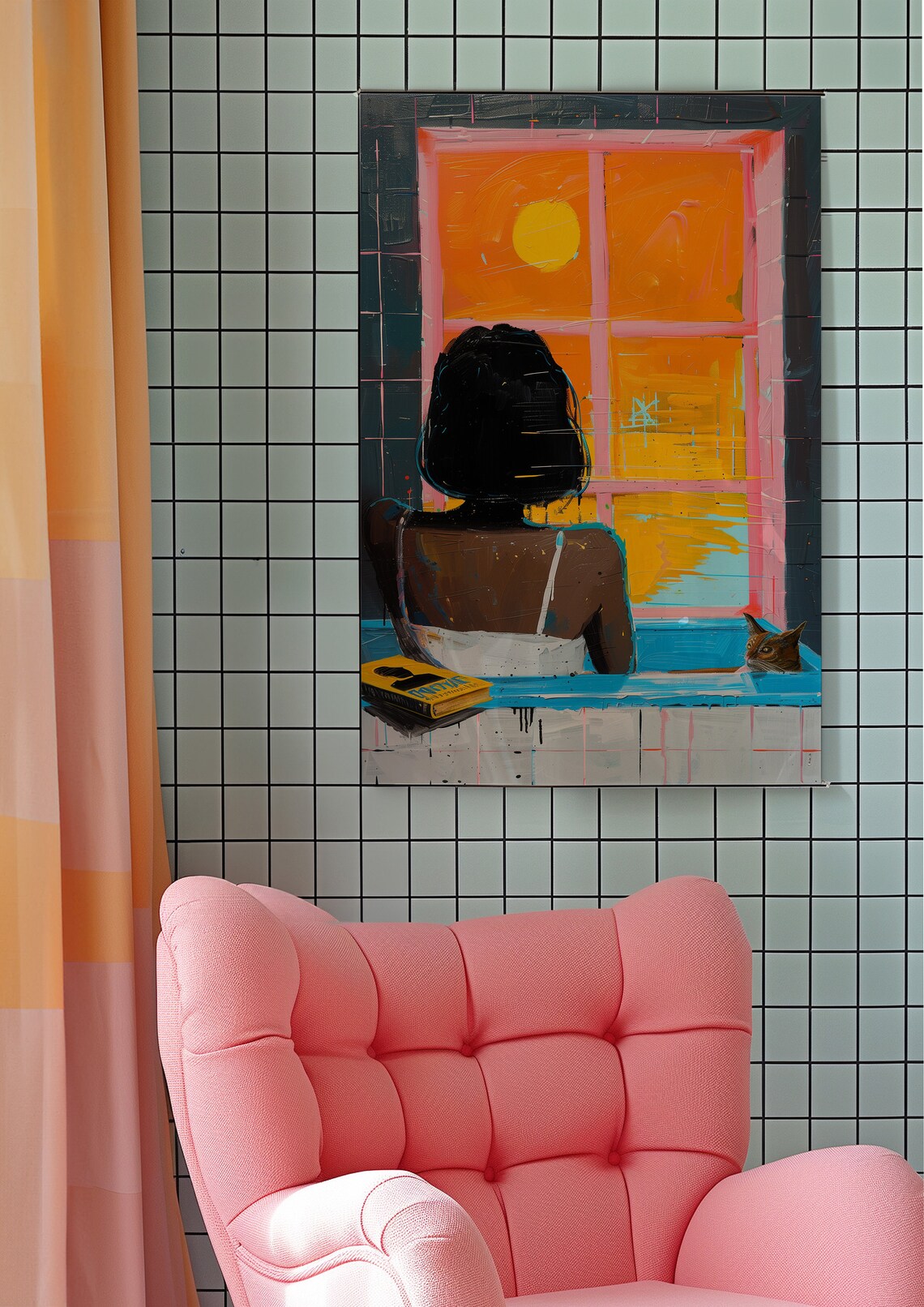 Woman Relaxing In Bath With Cat Sunset Window View Art Poster - Image 7