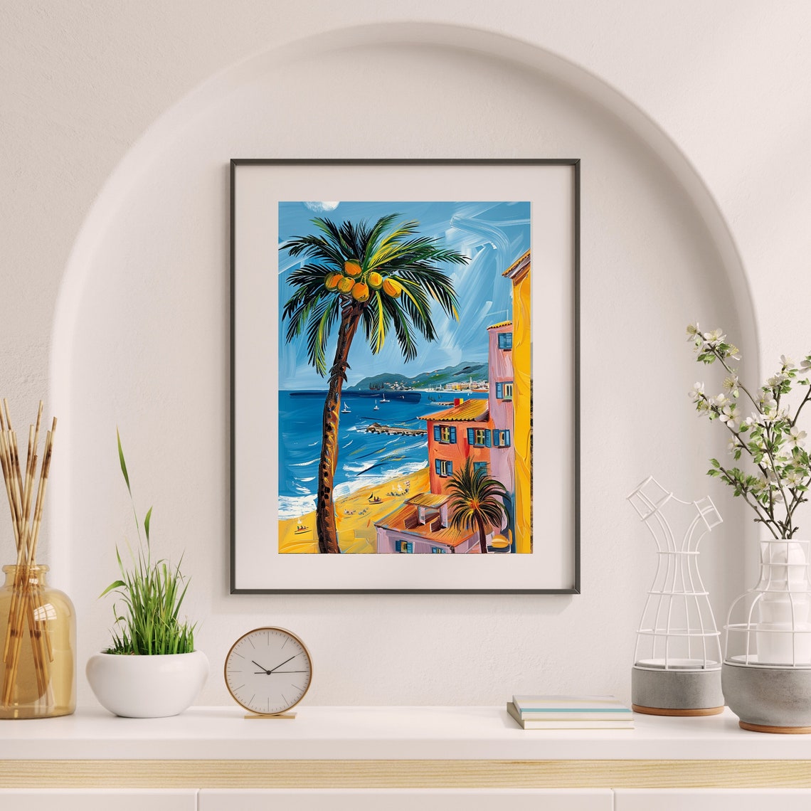 Tall Palm Tree Overlooking a Colorful Beach and Sailboats Poster - Image 6