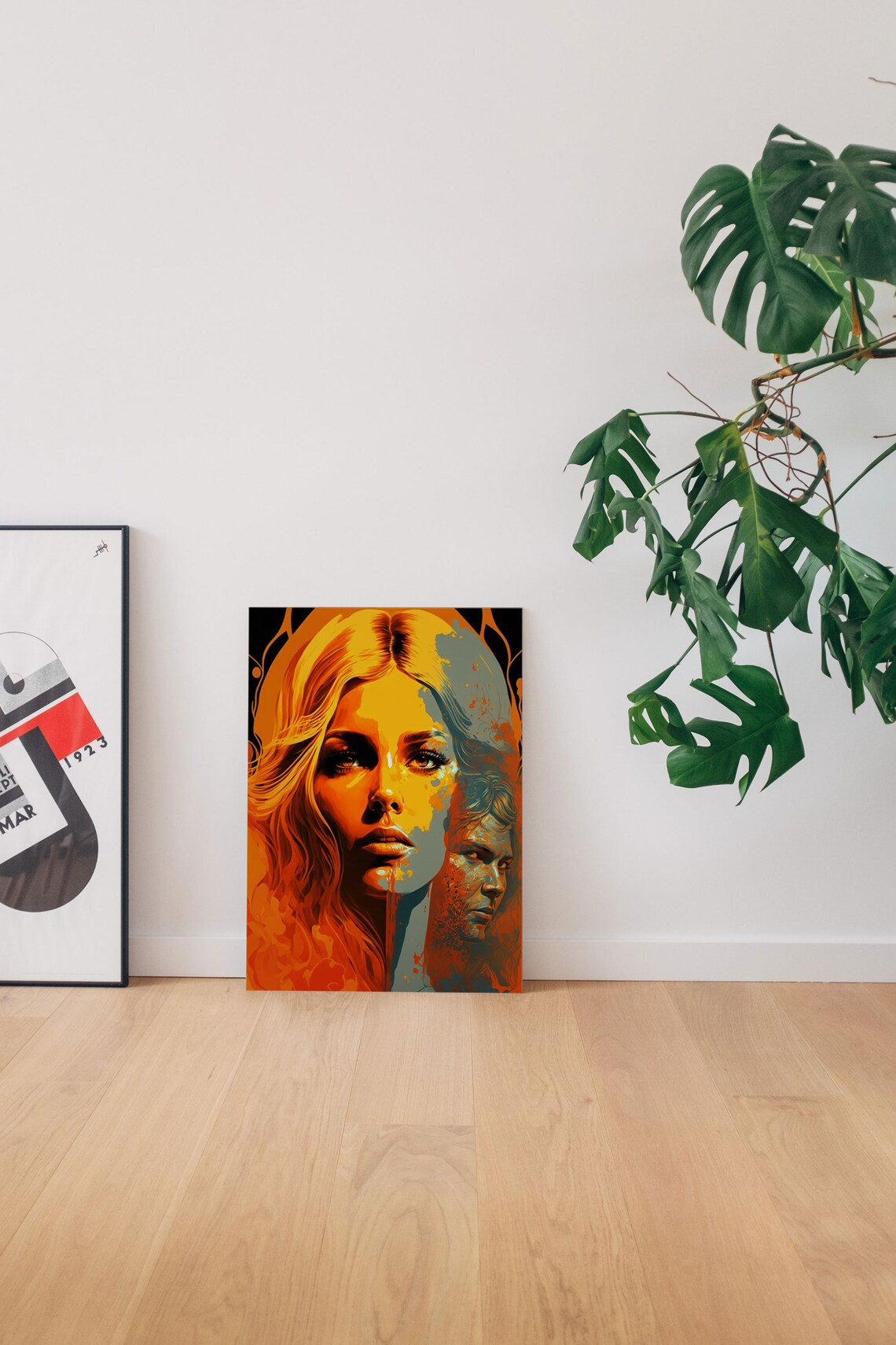 Pop Art Dual Portrait Poster Of A Woman And Man In Orange Blue - Image 2