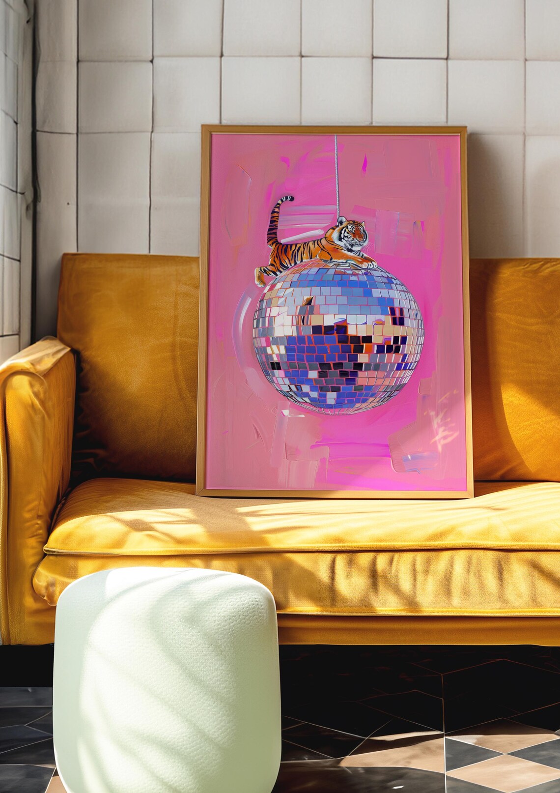 Tiger Lounging on Top of Giant Disco Ball Pink Maximalist Animal Poster - Image 5