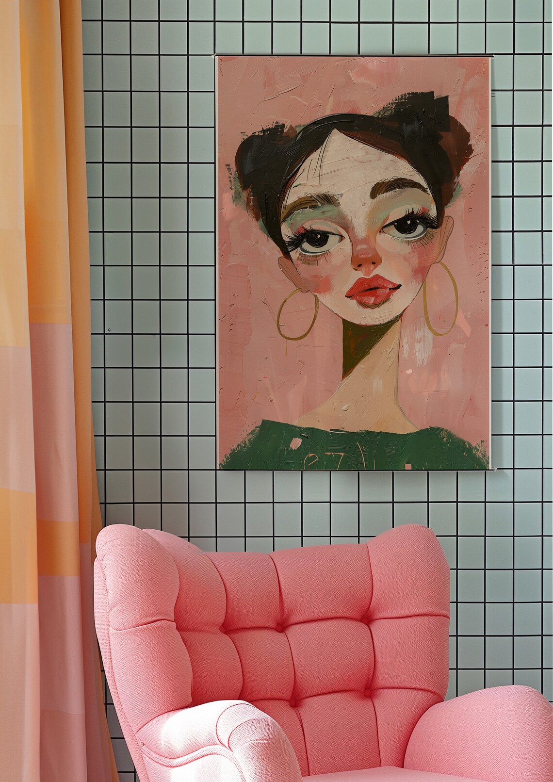 Whimsical Woman Portrait with Gold Hoop Earrings on Pink Poster - Image 9
