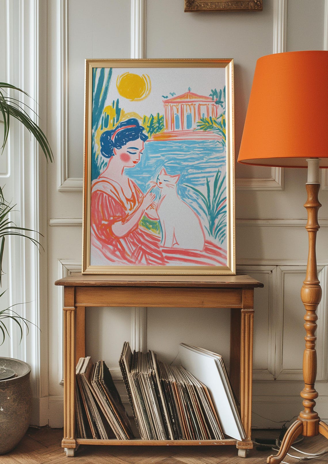 Woman With White Cat by Mediterranean Temple Sunny Illustration Poster - Image 2