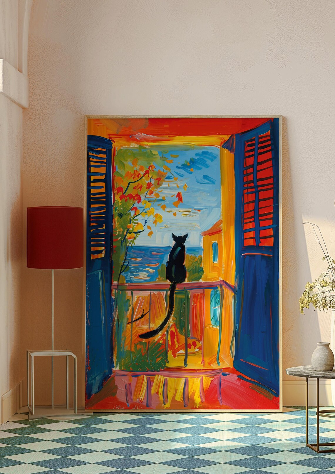 Cat on Balcony, Mediterranean Landscape Art Print - Image 8