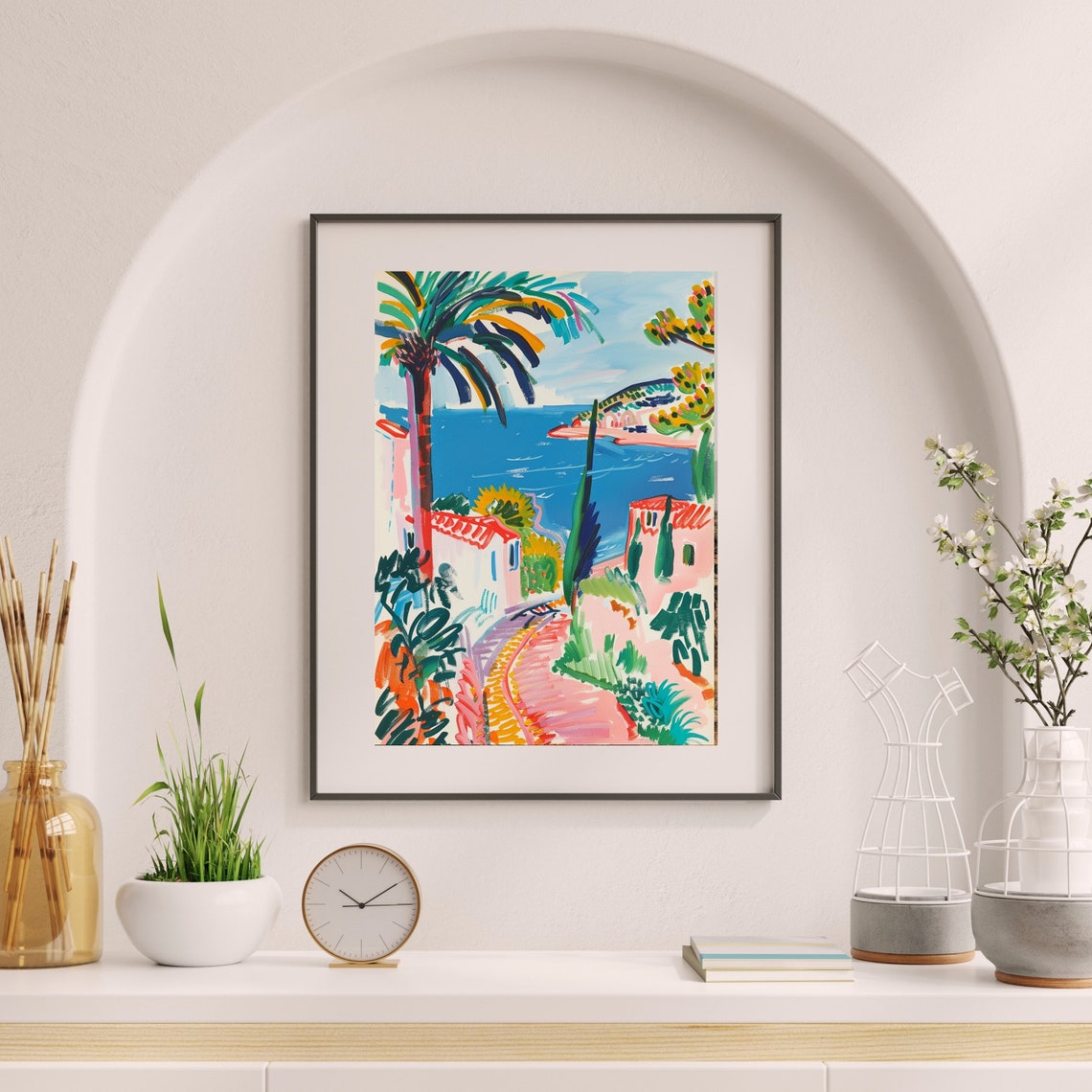 Bright Coastal Town Bay with Palm Trees Matisse Inspired Poster - Image 6