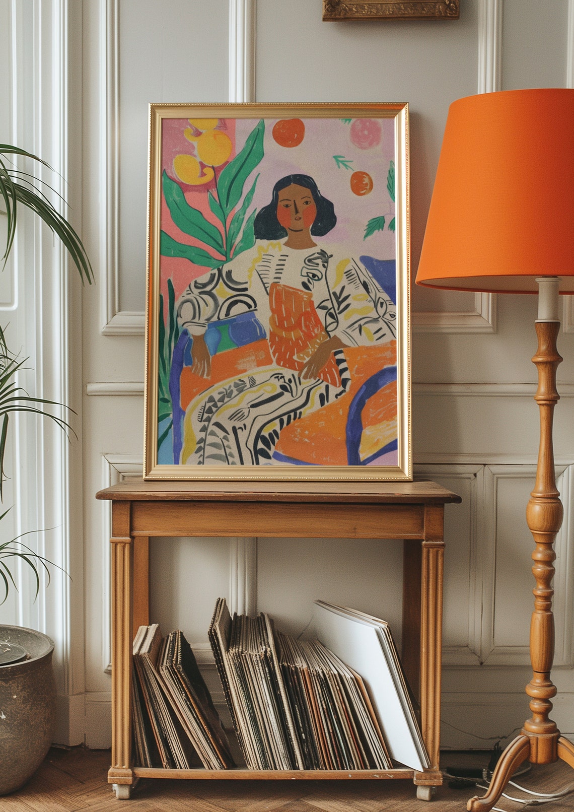 Serene Woman in Patterned Robe Beneath Citrus Fruit Trees Poster - Image 3