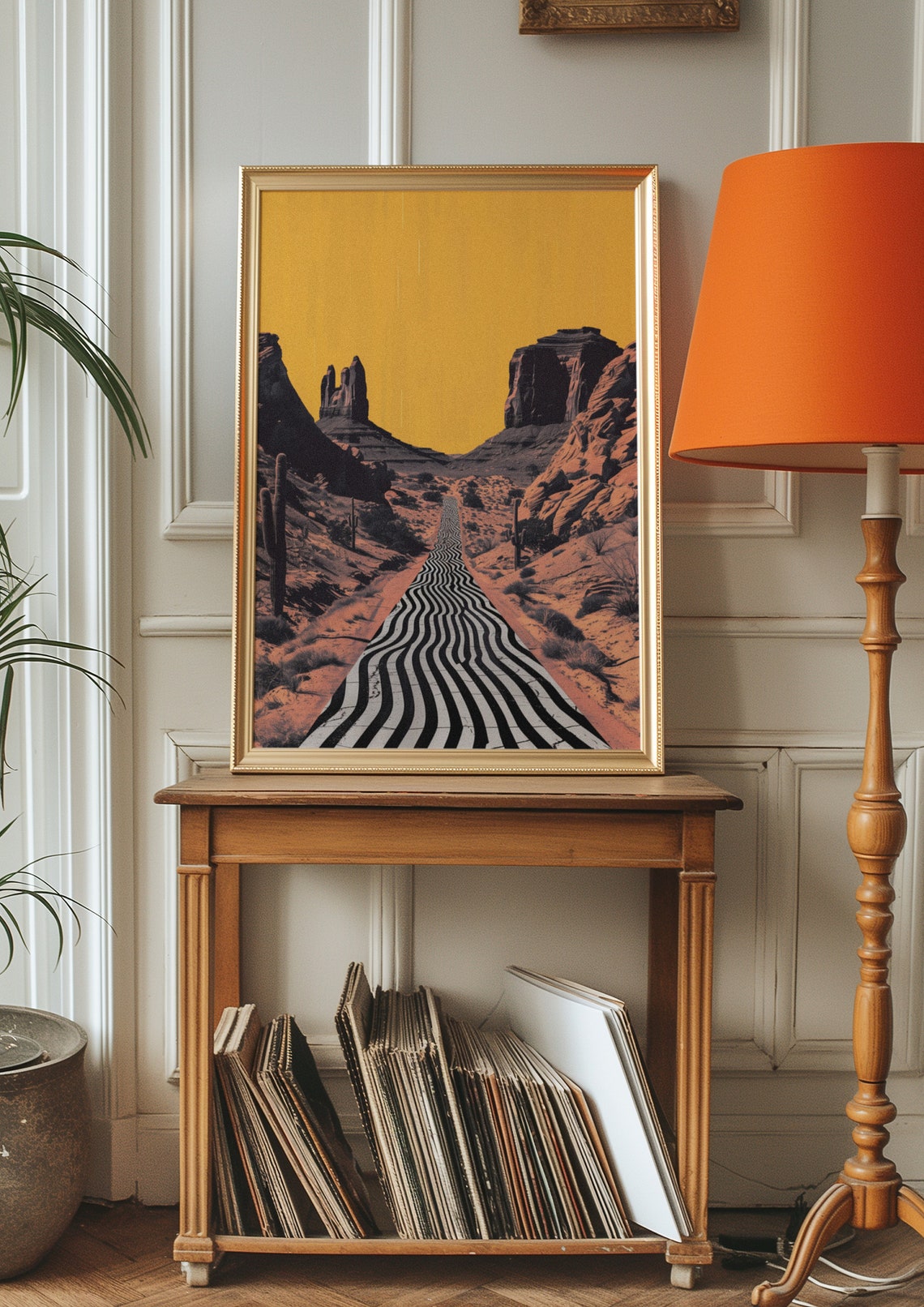 Graphic Wavy Striped Desert Canyon Road Under Golden Sky Poster - Image 2