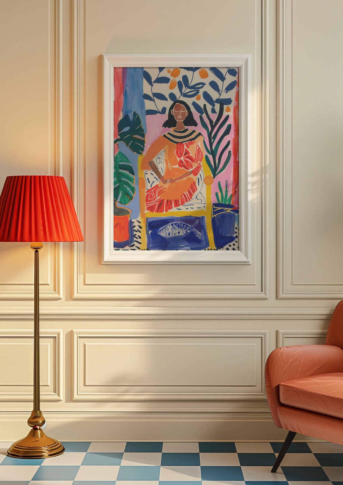 Seated Woman in a Vivid Orange Dress Among Tropical Plants Poster - Image 9