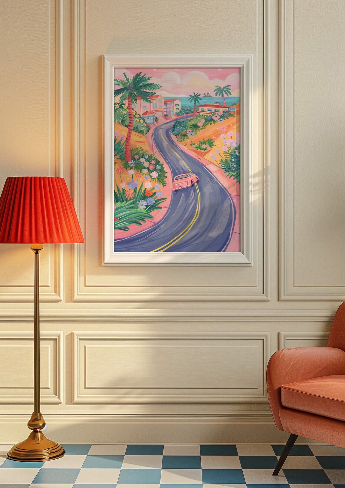 Coastal Road Drive Pink Vintage Car Palm Trees Seaside Travel Poster - Image 8