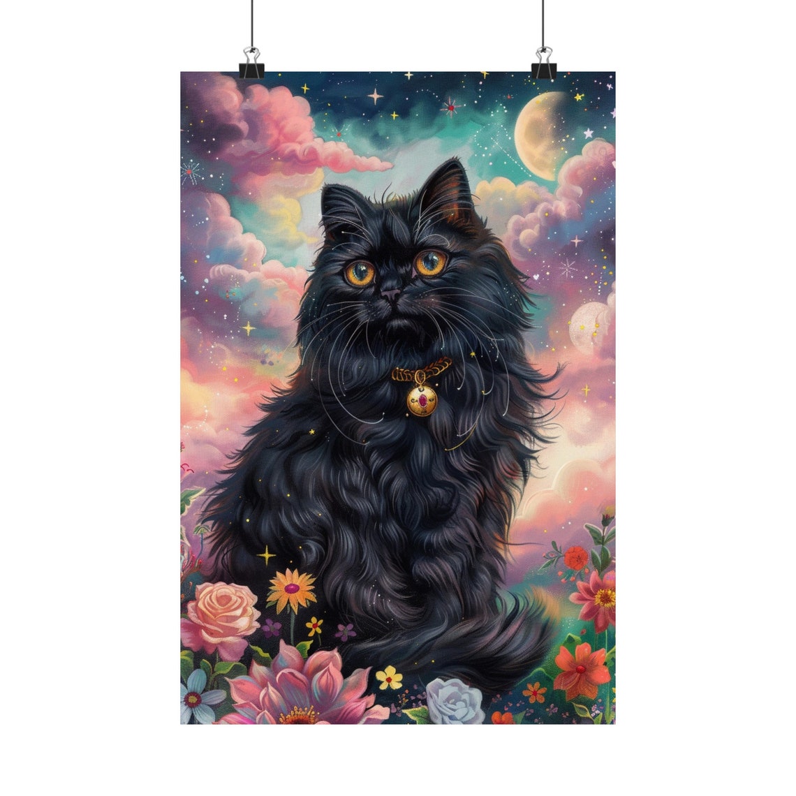 Fluffy Black Cat Fantasy Poster With Golden Collar In Floral Sky - Image 2