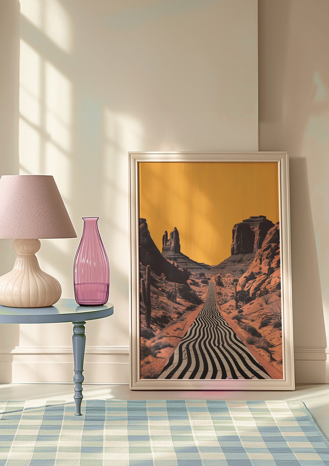 Graphic Wavy Striped Desert Canyon Road Under Golden Sky Poster - Image 7