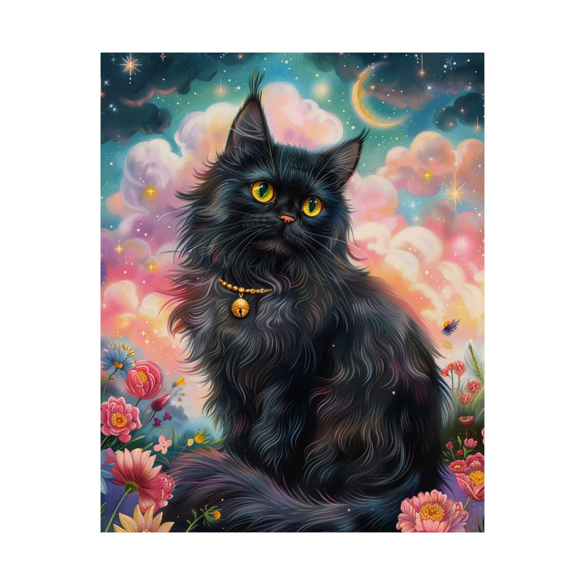 Sweet Fluffy Black Cat with Golden Eyes Among Night Flowers Poster - Image 2