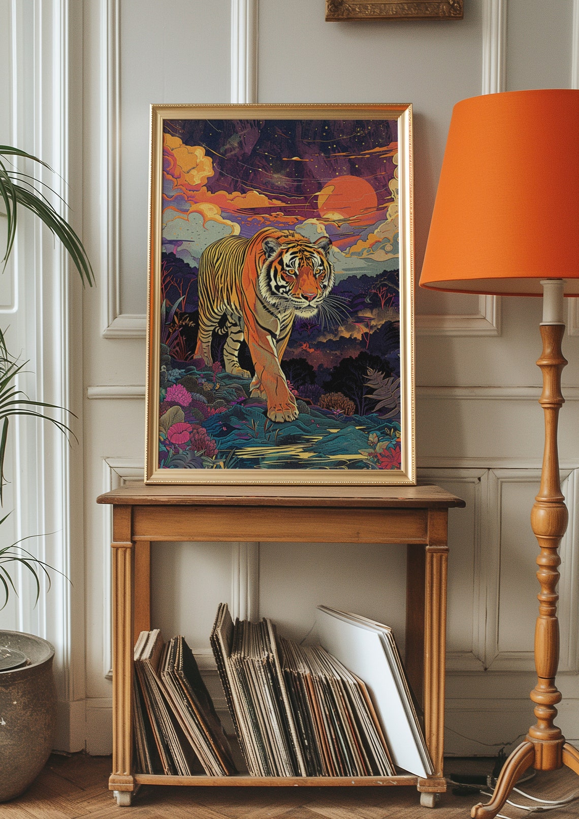 Majestic Tiger Walking Through Flowers at a Fiery Sunset Poster - Image 7